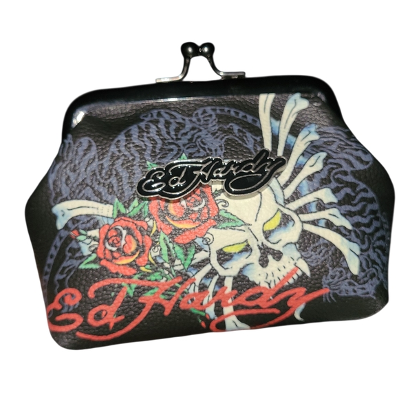 Ed Hardy Black Skull and Rose Clutch/Coin Purse - Picture 2 of 6